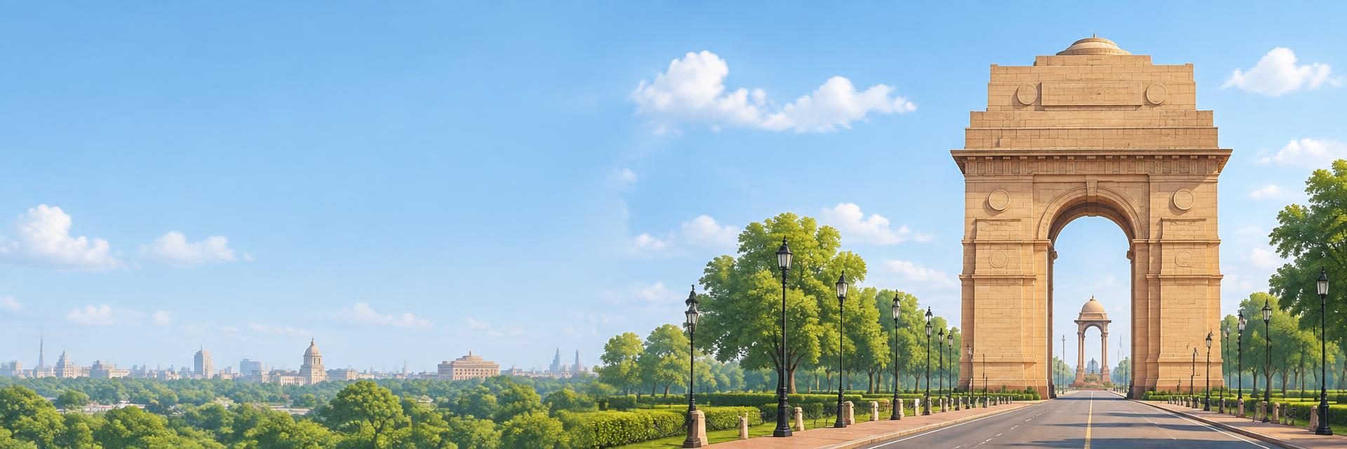 India Gate and a tree-lined Delhi boulevard